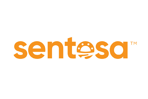 Sentosa logo in orange text with a beach-themed letter O icon.